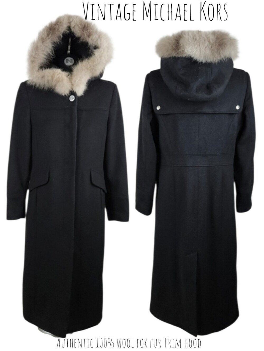 Vintage Michael Kors Women Black wool Button-down Long coat fox fur Trim hood 4
